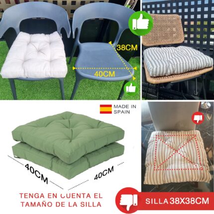 COJINES PARA SILLAS 40x40x5CM CON EFECTO TRIDIMENSIONAL CON RELLNO 100% POLIÉSTER (VERDE AGUACATE) - Viste Tu Hogar
