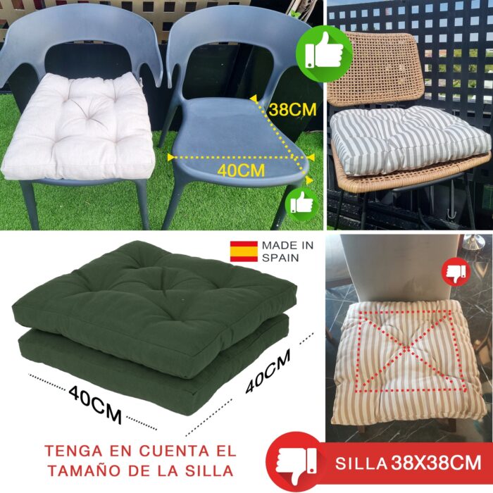 COJINES PARA SILLAS 40x40x5CM CON EFECTO TRIDIMENSIONAL CON RELLNO 100% POLIÉSTER (VERDE MILITAR) - Viste Tu Hogar