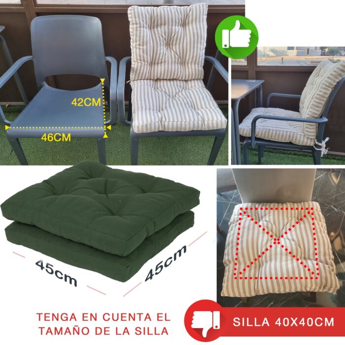 COJINES PARA SILLAS 45x45x5CM CON EFECTO TRIDIMENSIONAL CON RELLNO 100% POLIÉSTER (VERDE MILITAR) - Viste Tu Hogar
