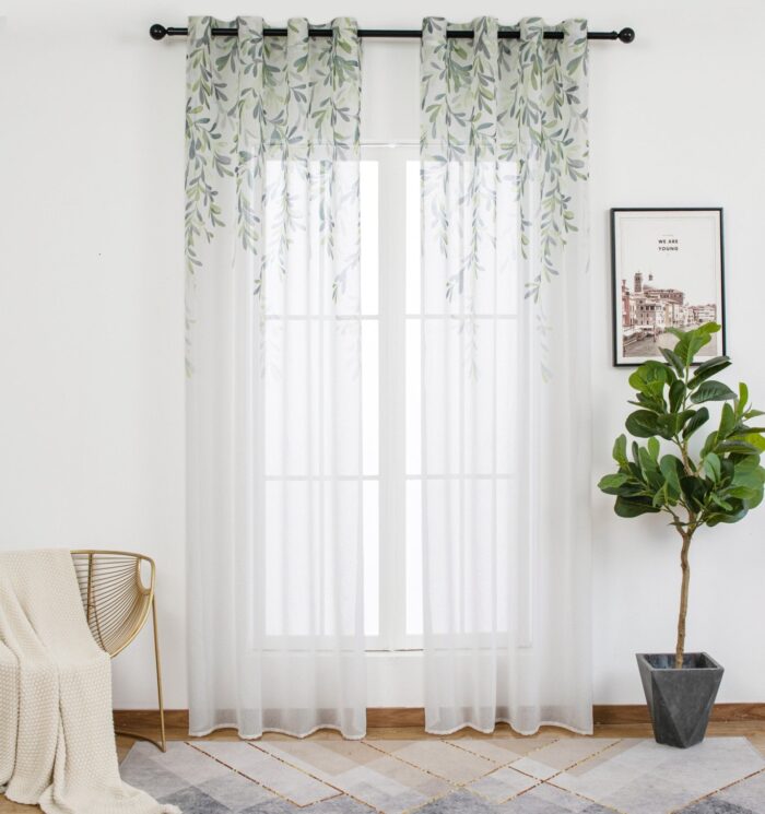 CORTINA DE VISILLO DE HILO ESTAMPADO DE HOJAS DE SAUCE 140X260CM - Viste Tu Hogar