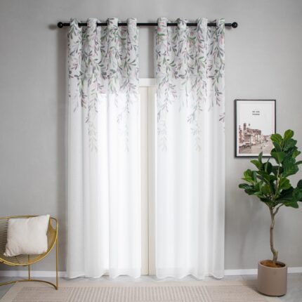 CORTINA DE VISILLO DE HILO ESTAMPADO DE HOJAS DE SAUCE 140X260CM - Viste Tu Hogar