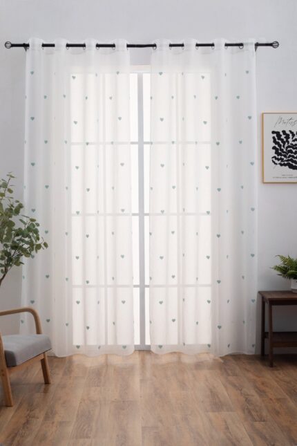 Cortina De Visillo Poliéster Con Bordado De Corazón 150x260cm - Viste Tu Hogar
