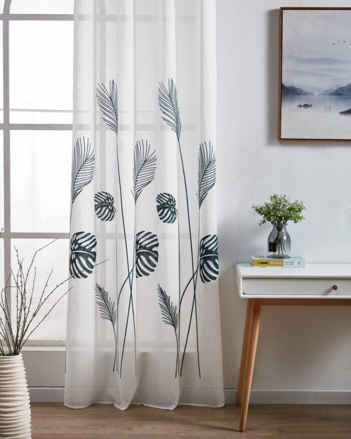 Cortina De Visillo Transparente Con Bordado De Hoja Monstera Poliéster 150x260cm - Viste Tu Hogar