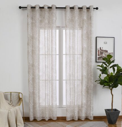 Cortinas De Visillo Lino y Poliéster Con Diseño De Hojas De Palmeras 140x260cm - VISTE TU HOGAR ONLINE