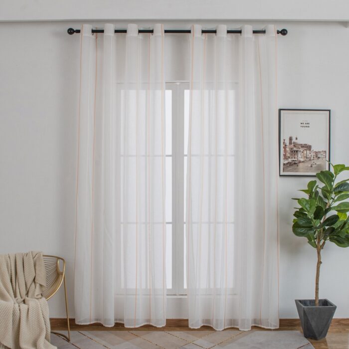Cortinas De Visillo Tránslucido Lino y Poliéster Decorado Con líneas Verticales Entre Una Línea Blanca 150x260cm - Viste Tu Hogar
