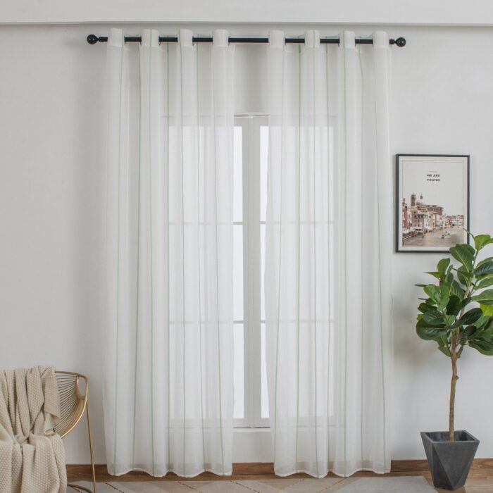 Cortinas De Visillo Tránslucido Lino y Poliéster Decorado Con líneas Verticales Entre Una Línea Blanca 150x260cm - Viste Tu Hogar