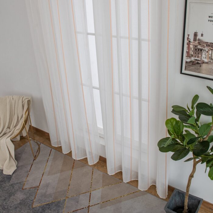 Cortinas De Visillo Tránslucido Lino y Poliéster Decorado Con líneas Verticales Entre Una Línea Blanca 150x260cm - Viste Tu Hogar