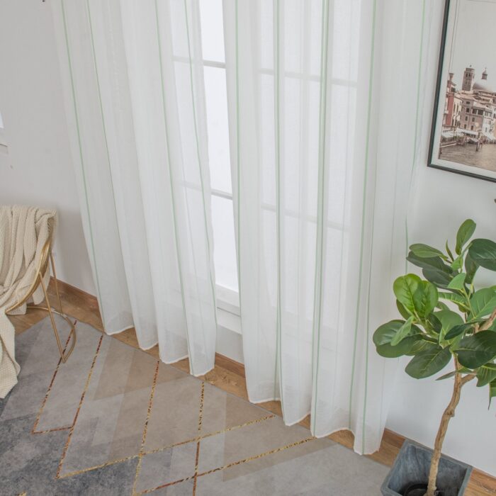 Cortinas De Visillo Tránslucido Lino y Poliéster Decorado Con líneas Verticales Entre Una Línea Blanca 150x260cm - Viste Tu Hogar