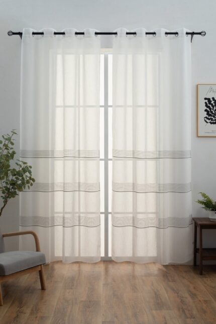 Cortinas De Visillo Tránslucido Lino y Poliéster Decorado En La Parte Inferior - Viste Tu Hogar