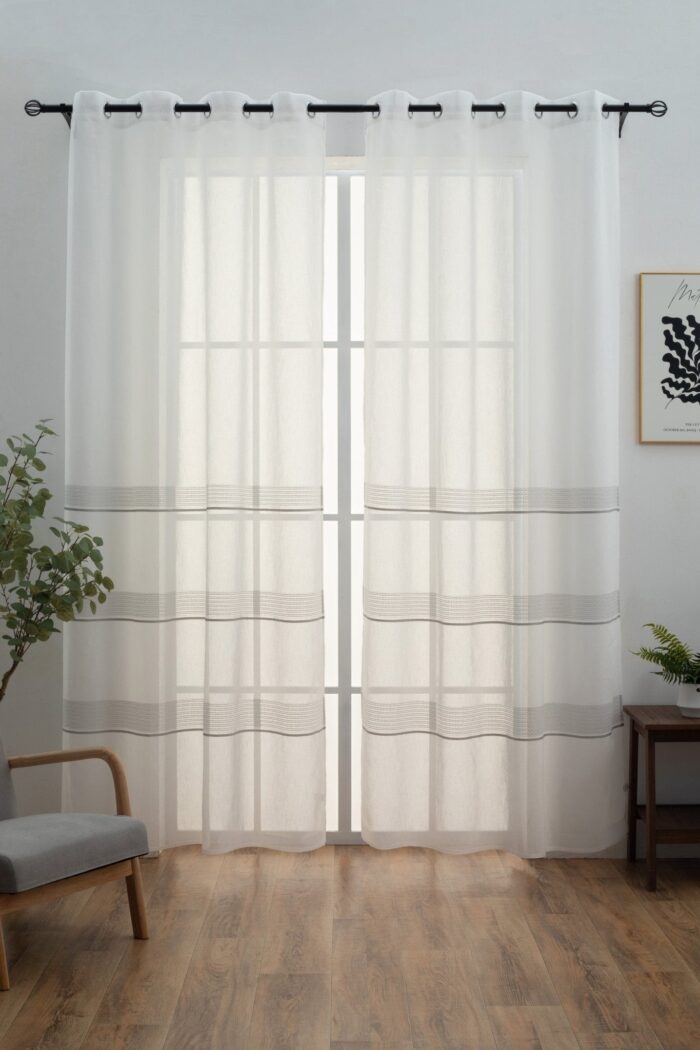 Cortinas De Visillo Tránslucido Lino y Poliéster Decorado En La Parte Inferior - Viste Tu Hogar